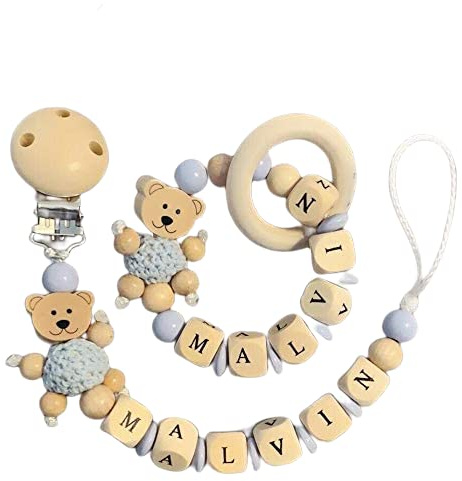 2er Set personalisierte gestaltetes Babygeschenk mit Namen für Junge Baby Geschenk personalisiert zur Geburt & Taufe Häkelperlen (Blau Teddy)