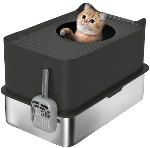 PawHut Bac à litière pour Chat XXL en Acier Inoxydable, 65L Grande capacité, Maison de Toilette pour Chat, avec Pelle et Patins antidérapants, Facile à Nettoyer, 60 x 40 x 38 cm, Noir | 65L Grande Capacité, Maison de Toilette pour Chat, avec Pelle et Patins Antidérapants, Facile à Nettoyer