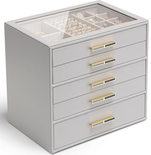 Vlando Jewellery Box for Women, Glass Lid Jewellery Organiser with 5 Drawers for Ring, Necklace, Earring, Bracelet,Gift for Women,Grey