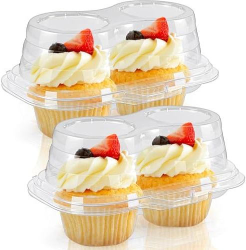 Preocea 60 Pcs Plastic Cupcake Containers, Clear 2 Cavity Cupcake Boxes | 2-Compartment Cupcakes Carrier Holder Box With Lids, Stackable Plastic Cupcakes Holder, for Muffins And Pies