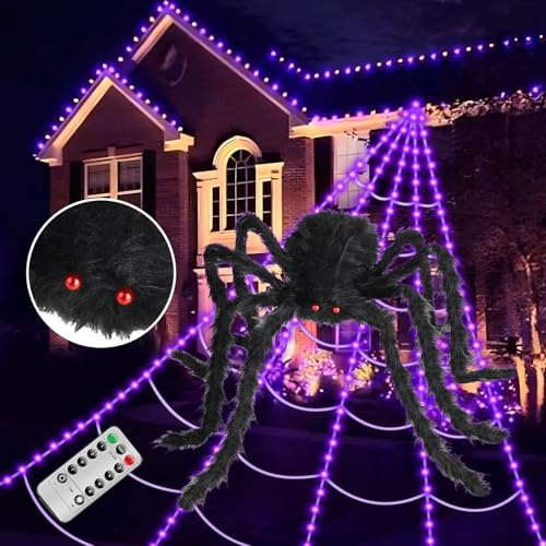 Hellere Spinnennetz Lichter,Halloween Deko Outdoor,250 Violette LED Lichter,5x5M Langes Spinnennetz mit 1.2m Riesenspinne,8 Modi, Timer und Speicherfunktion,Halloween Deko Spinnennetz Garten Party