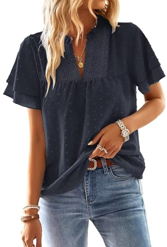 TUUHAW Ropa Mujer Camiseta Manga Corta con Cuello en V Azul Marino M