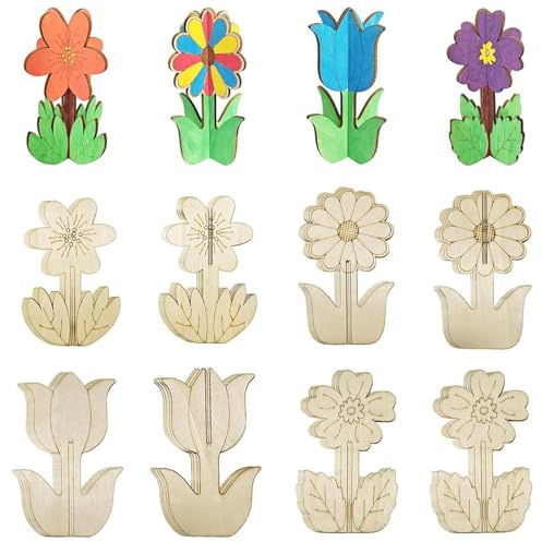 Yohuork 20 Stück Holzblumen zum Bemalen, 3D BlumenHolzbastelsets für Kinder mit Tulpen Aufsteller Blumentöpfe, Holz Basteln, Blumen aus Holz zum Basteln und Bemalen