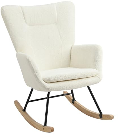 HaiYiZuhause Schaukelstuhl, Moderner Sessel mit Kopfstütze, Weicher Relaxstuhl & Stillsessel für Wohnzimmer, Schlafzimmer, Babyzimmer & Leseraum, Schaukelstuhl für Innen (Babyweiß)