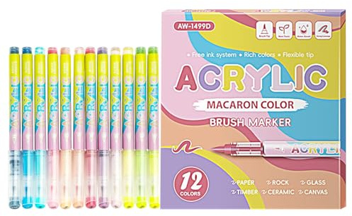 Juego de marcadores acrílicos | 12 colores de punta fina de secado rápido, bolígrafos para colorear a base de agua, para adultos y niños, tela, vidrio, cerámica, madera, lienzo, roca, metal, graffiti