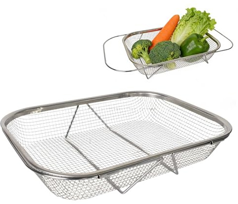 Alyxen Ausziehbares Sieb für Spülbecken, Edelstahlsieb für Spülbecken 37-51.5cm, Edelstahl Rostfrei Über Der Spüle Abtropfsieb, Über Der Spüle Sieb zum Waschen, Abtropfen, Abseihen von Obst Gemüse