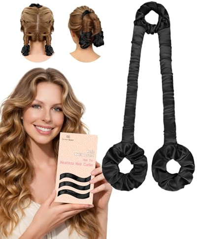BONNET QUEEN Polifunzionale Bigodini Morbidi per Dormire, Arricciacapelli Senza Calore per la Notte, Satin Bigodino Lungo per Boccoli, Heatless Curls Hair Curler con 3 Scrunchies, Nero