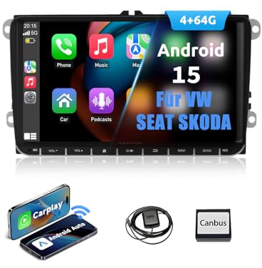 ESSGOO True 4+64G Kabelloses Autoradio, 9 Zoll Touchbildschirm mit Carplay Android Auto, Android 15 Car Radio für VW Golf 5 6 T5 Polo Passat Touran Tiguan Seat Skoda mit Bluetooth GPS AM FM RDS SWC