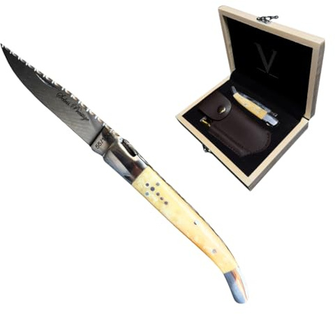 Couteau Pliant Tradition Française Type Laguiole – Fait Main - Artisanale - Manche En Os De Chameau – Étui En Cuir - Affuteur et Coffret en Bois - Matériaux Nobles - Idée Cadeau Homme