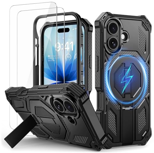 Lanhiem Cover per iPhone 17 con 2 Pezzi Vetro Temperato e Supporto, Compatibile con MagSafe, 16FT Antiurto Militare Magnetica Custodia per iPhone 17 Case, Nero