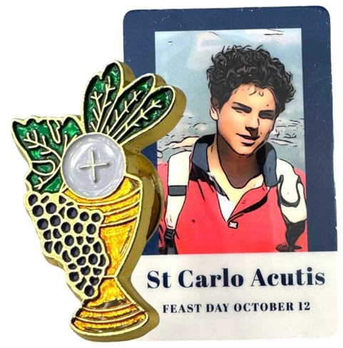 Épinglette de première communion Saint Carlo Acutis - Calice eucharistique avec carte de prière plastifiée - Cadeau catholique pour lui - Fabriqué aux États-Unis