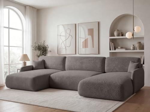 KP-Meble U-Form Wohnlandschaft mit Schlaffunktion 360x175 cm Bouclé Beige – Großes Schlafsofa mit Bettkasten, Moderne Couch mit Stauraum Pierr (Anthology 18)