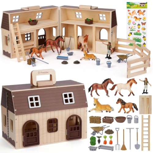 SIMPLIPLAY Pferdespielzeug mit großem Holz-Pferdestall, tragbares Spielset | Bauernhof Rollenspiel mit Tierstickern, Pferdefiguren aus Kunststoff & Zubehör, Reisespielzeug für Kinder ab 3 Jahren