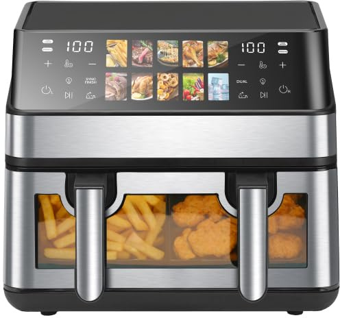 TOPCHANCES Varmluftsfritös dubbelkammare med visningsfönster, 10 applikationsprogram, fritös utan olja, varmluftsugn med pekskärm, Air Fryer 2 kammare pekskärm max 200 ℃