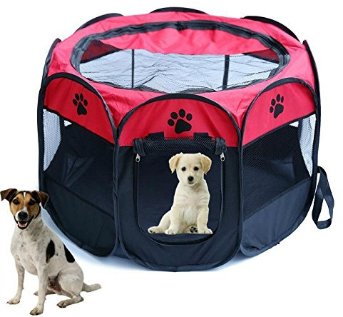 JOYEUX Welpenlaufstall/Tierlaufstall/Hundehütte/Welpenauslauf/Laufstall für Hunde/Katzenhaus/Wasserdichtes Zelt für Kleintiere wie Hunde, Katzen Größe M/L (91 * 91 * 58CM, rote)