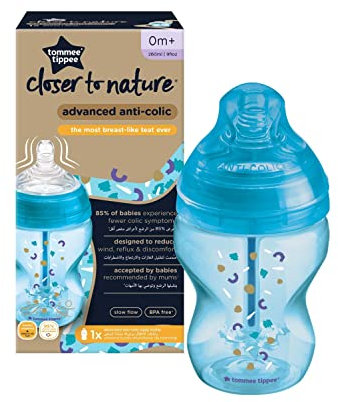 Tommee Tippee Advanced Anti-Colic Baby Bottle Super Soft Teat 0+ Months 260ml Blue with Decorations,1 Count (Pack of 1)