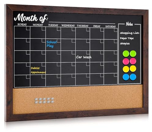 4 THOUGHT Chalkboard Calendar Corkboard Combo, 24 x 36 Large Bulletin Board Magnetic Calendar Chalkboard for Wall Combination Board Monthly Planner Rustic Brown Frame 4 Markers 8 Magnets 10 Pushpins