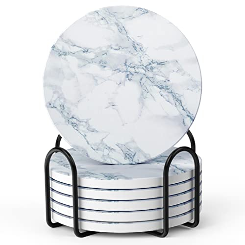 LIFVER Untersetzer – Untersetzer-Set – weißer Marmor-Stil, Keramik, runde Untersetzer mit Korkboden und Halter, Getränkeuntersetzer für Damen und Herren, für verschiedene Tassen, Tische und
