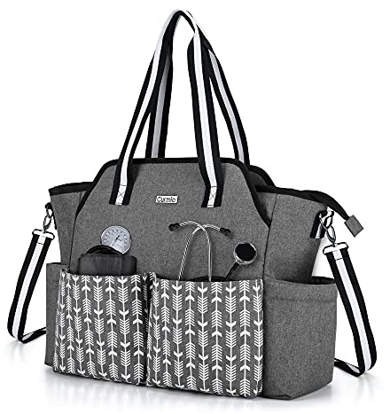 CURMIO Home Health Nurse Bag, Portable Medical Supplies Tote for Home Visits, Clinical Study, Health Care, Gray with Arrow(Patented Design)
