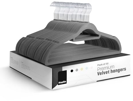 KEPLIN Velvet Hangers 50 Pack - Non-Slip Clothes Hangers with Tie Bar & 360° Hook - Durable & Sturdy, Space-Saving Wardrobe Organisers for Suits, Jackets & Clothes- Home Storage Solution