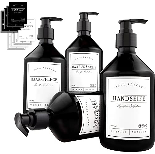MONOKO 4er Set Kunststoff Seifenspender Schwarz 500ml Flasche - Spülmittelspender Küche - Shampoo Spender zum Befüllen - Pumpspender + Etiketten
