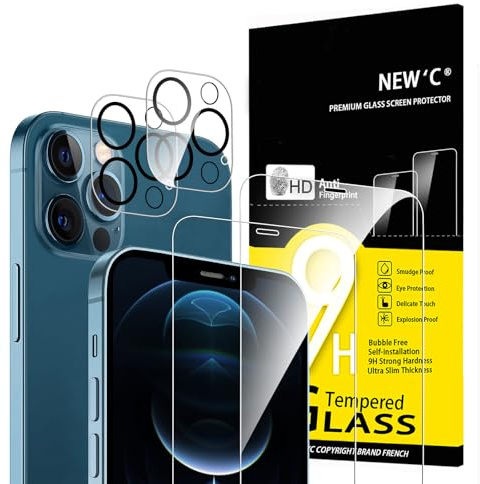 NEW'C für iPhone 12 Pro für Panzerglas (2 Stück) und Kamera Panzer Schutz Glas für Kameraschutz (2 Stück) - kratzfest - keine Luftblasen - extrem widerstandsfähig - 9H-Härteglas