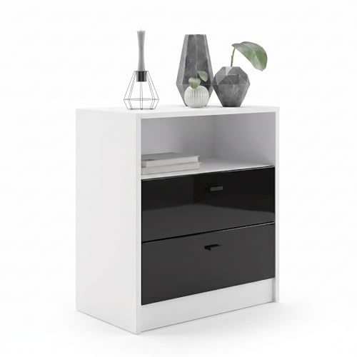 Vladon Kommode Pino V1, Made in Germany, Nachttisch mit 2 Schubladen & 1 offenem Fach, Weiß matt/Schwarz Hochglanz ohne LED (56 x 67,5 x 36 cm)