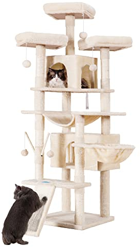 Hey-brother Katzenbaum, XL gemütlicher Katzenturm, hohe Katzenhöhle mit Hängematte, Korb, Kratzstämme, 2 große Katzenhöhlen, 2 Plüschsitzstangen, stabiles Katzenaktivitätszentrum, Beige MPJ034M