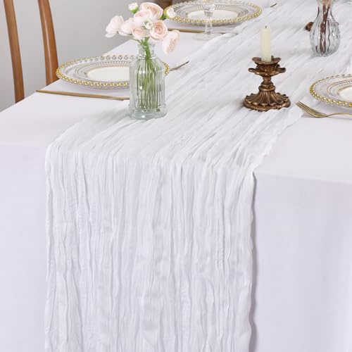 LOMOHOO Käsetuch Tischläufer Boho Gaze Käsetuch Tischläufer Rustikaler durchsichtiger Läufer 118 Zoll lang für Hochzeit Braut Babyparty Geburtstagsfeier Kuchen Tischdekoration (Weiß, 90x300cm)
