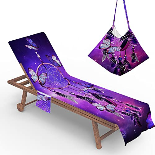 Morbuy Beach Chair Cover Towel, Dreamcatcher Pattern Beach Towel Lounger Bags with Pockets Sunbed Towels Fitted Microfiber Sun Lounger Towels for Summer Garden Pool Vacation (Butterfly)