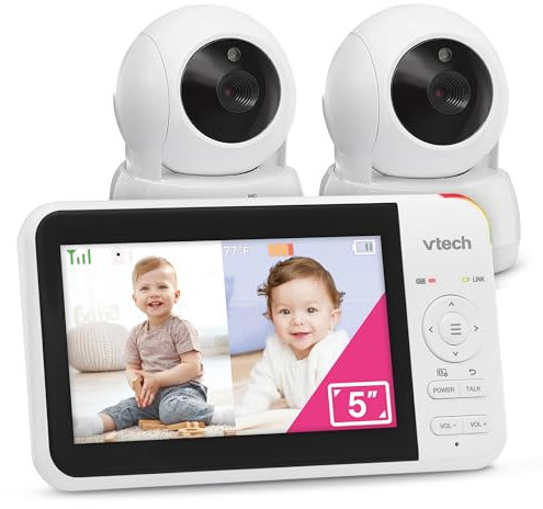 VTech VM924-2 Video Monitor with Pan-Tilt-Zoom 2 Cam Remote Control, 5 LCD Screen, Up to 17 Hours Video Streaming, Night Vision, Up to 300 Meters Range, Soothing Sounds