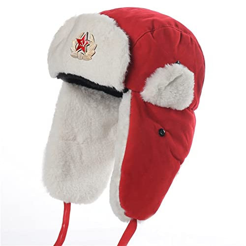 DEPAJA Russische Mütze Sowjetisches Militärabzeichen Russische Uschanka Bombermütze Pilotenmütze Kunstkaninchenfell Wintermütze Ohrenschützer Schneemütze Fahrradmütze Skimütze,Pink,55-60Cm