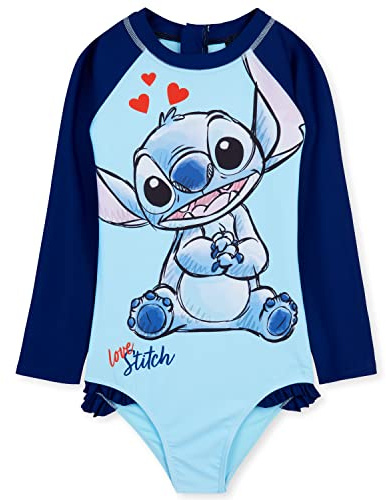 Disney Girls One Piece Swimsuit, Long Sleeve Swimming Costume - Girls Gifts (Light Blue Stitch, 7-8 Years)
