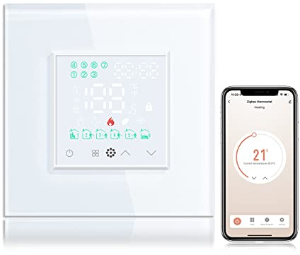 BSEED Smart Home, WiFi Raumthermostat Heizung(Zigbee Hub Erforderlich) programmierbare Temperatursteuerung für elektrische Fußbodenheizung, Alexa Google Home Tuya kompatibel ohne Batterien Weiß