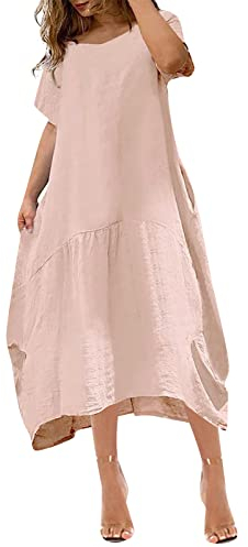Azruma Damen Kleid Lang WeißEs Kleid Damen Ballkleider Damen Damen Oversize Leinenkleid Mit Tasche V-Ausschnitt A-Linie Kurzarm Midi Einfarbig Leinenkleider Abendkleider Dress (Rosa, XL)