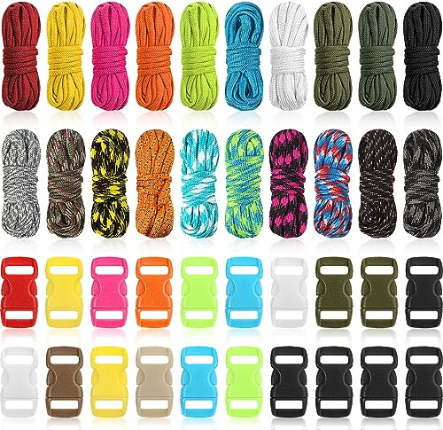 20 Set Paracord Kit 550 Paracord Survival Ropes Bracelets Outdoor Tent Rope Parachute Cord Combo Crafting Kits with 20 Buckle for DIY Bracelets, Key Rings, Dog Leads(Fresh Color)