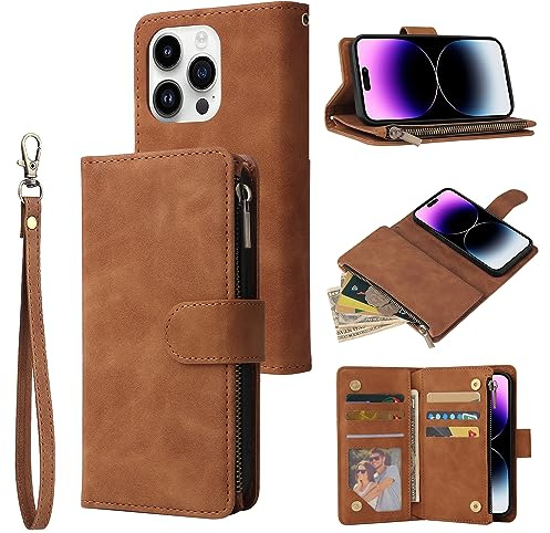 QLTYPRI Case for iPhone 15 Pro Max 6.7 inch, Large Capacity Leather Wallet Case 6 Card Holder & 1 Zipper Pocket Kickstand Wrist Strap Magnetic Case for iPhone 15 Pro Max - Brown