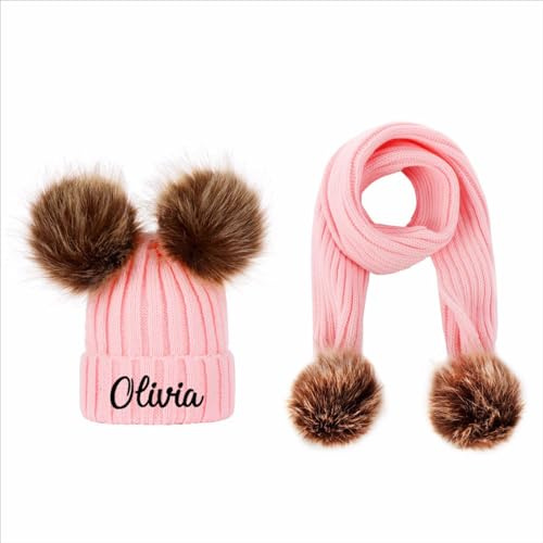 Bestickte Mütze und Schal mit Namen personalisiert mit Geburtstagsgeschenk, bestickte Babymütze und passender Schal (Rosa)