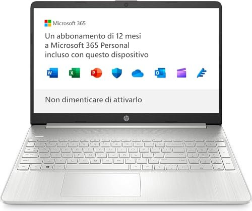HP Laptop 15s-fq3003sl, Notebook, Intel Celeron N4500, RAM 4GB DDR4, SSD 128 GB, Grafica Intel UHD, Schermo 15.6” FHD Antiriflesso, Webcam 720p, Win11S, Microsoft 365 Personal 12 mesi incluso, Argento