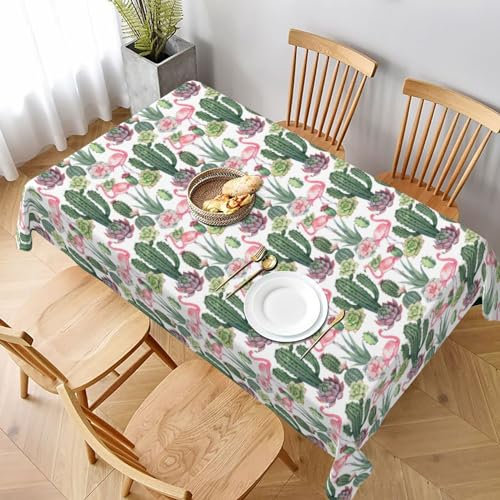 AMINNU Rechteckige Tischdecke mit rosa Flamingo-Sukkulenten, wasserdicht, langlebig und knitterfrei, für Esstische, Partys und Picknicks.