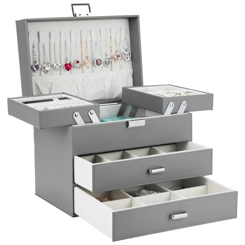Dajasan Schmuckkästchen, Schmuckaufbewahrung, 4 Ebenen Schmuckschatulle mit 2 Schubladen, Groß Schmuckkasten für Ringe, Ohrringe, Halskette, Uhren, Armbänder (Grau)