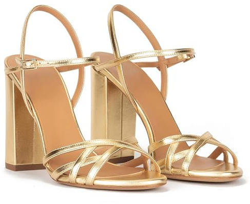 Rozhuhro Sandali con Tacco Grosso e Cinturino con Punta Tonda Donna Sandali Tacco Grosso e Punta Aperta Estiva Cinturino alla Caviglia Sandali Tacco Alto Comfort Scarpe Sposa per Feste,d'oro,46 EU