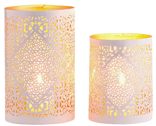 2er Set Boho Teelichthalter Yazim edel aus Metall in Weiß 20 cm hoch
