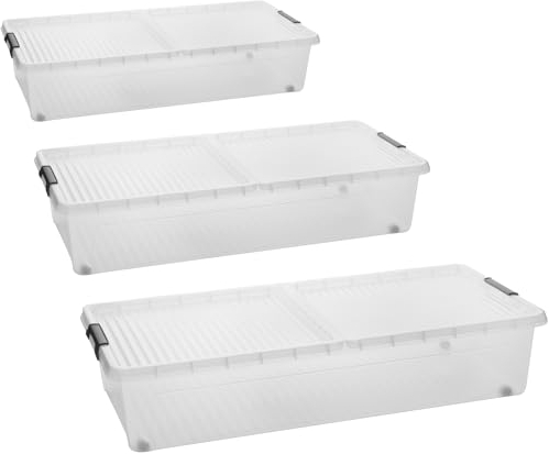 LIVINJA Lot de 3 boîtes de rangement sous le lit avec roulettes, 80 x 40 x 17 cm (32 litres), couvercle divisé, fermetures à clip, transparentes, fabriquées dans l'UE