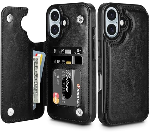 Coolden for iPhone 16 Case Wallet with Card Holder (3 Cards) Black | Shockproof Flip Soft PU Leather Magnetic Closure Heavy Duty Protective, Card Slot Wallet Cover for iPhone 16 Phone Case