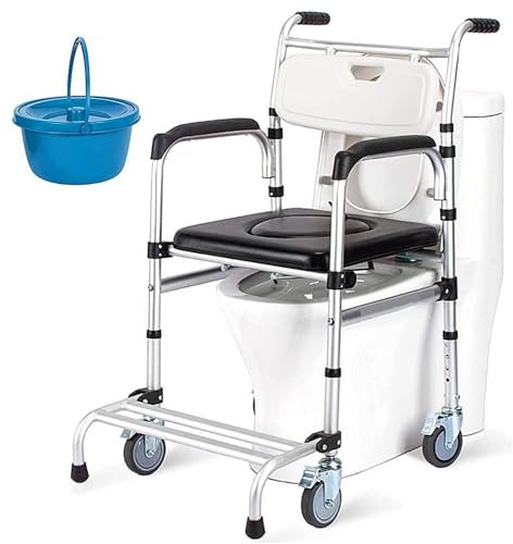 Höhenverstellbarer Toilettenstuhl, Toilettenstuhl mit Rädern aus Aluminiumlegierung, Toilettenstuhl mit Sitz mit Rädern, Duschstuhl mit Armlehne und Rückenlehne für Erwachsene und ältere Menschen mi