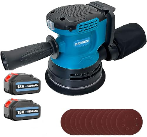 Akku-Exzenterschleifer für Makita 18 V Akku, 125 mm Exzenterschleifer Schwingschleifer Mit 2pcs 5.5Ah Akku&Ladegerät, Schleifpapier 120/180/240 je 4 Blatt,13000 rpm Bürstenlosen Motor