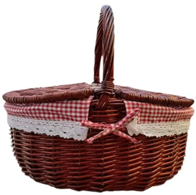Dualoai Picknickkorb, Aufbewahrung, Servierkorb, Strandkorb, ländlicher Korb mit waschbarem Innenfutter, tragbar, für Camping, Partys im Freien, Korbgeflecht, Rot Kariert, 40x30x20cm