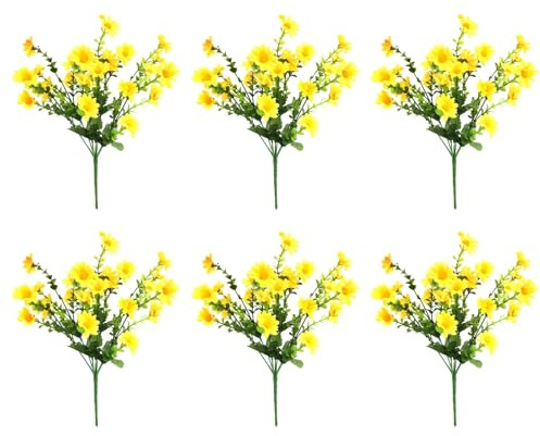 Artificial Daisy Flowers Yellow Fake Flowers Faux Greenery Shrub Plant | 6 Bundles UV Resistant Daisy Bouquets for Wedding Spring Summer Indoor Outside Hanging Garden Home Porch Party Decor