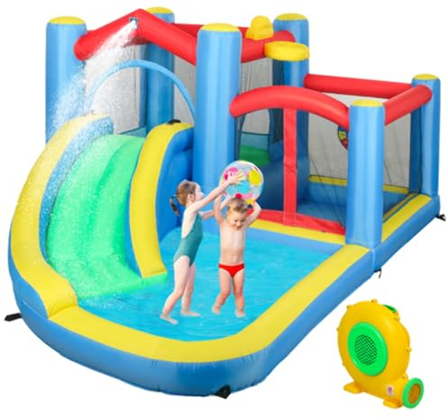 AIYAPLAY Bouncy Castle, Inflatable Bounce House with 550W Blower, Basketball Hoop, Long Slide, Dart Board, Carrying Bag, for Party, Park, Ages 3-8, 385 x 290 x 180 cm